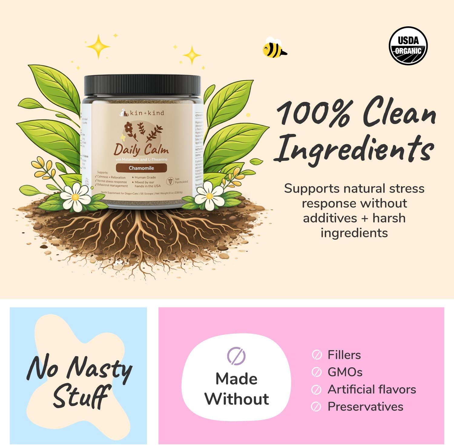 kin+kind Calm Power Supplement for Dogs and Cats – Natural Dog Calming and Cat Calming Support with Organic Chamomile, Thyme, Apple Pomace, Ginger & Coconut – Vet Formulated - Made in USA – 4 oz - Image 4