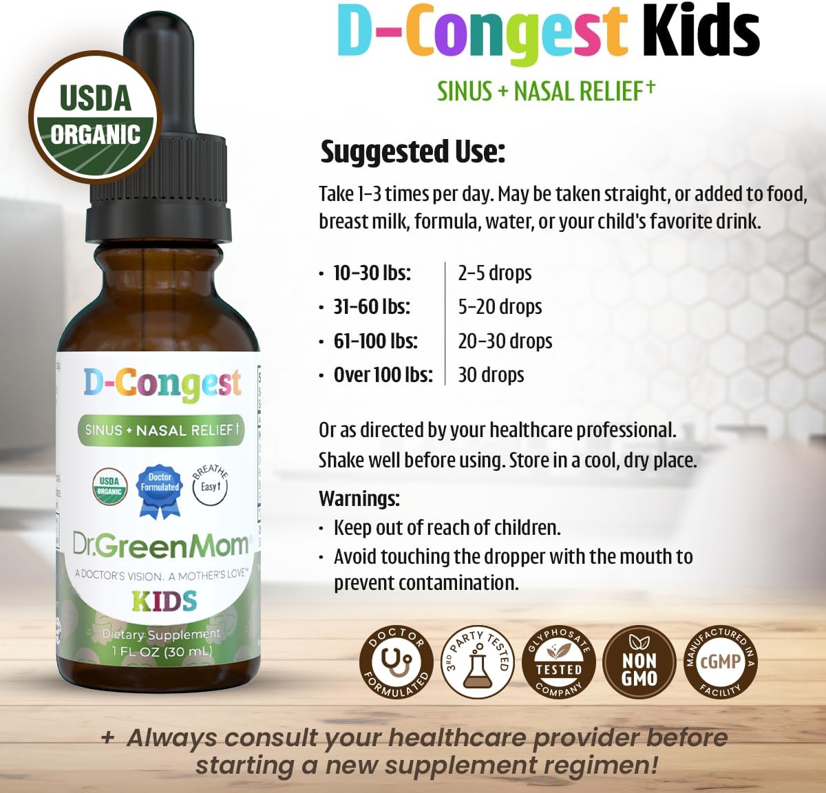 Dr. Green Mom D-Congest Kids - Organic Kids Sinus Support Drops | Drug-Free Herbal Supplement for Children's Stuffy Nose, Nasal & Respiratory Health | USDA Organic, Non-GMO - Image 6