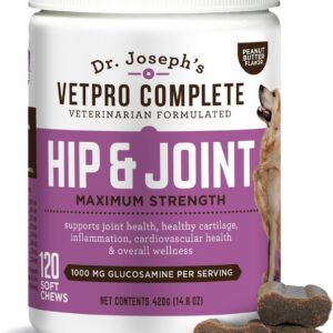 Dr. Joseph's VetPro Complete Dog Hip & Joint Supplement for Arthritis Pain Relief – High-Strength Glucosamine & Chondroitin Chews for Senior Dogs – Vet Formulated, Peanut Butter Flavor, 120 Ct