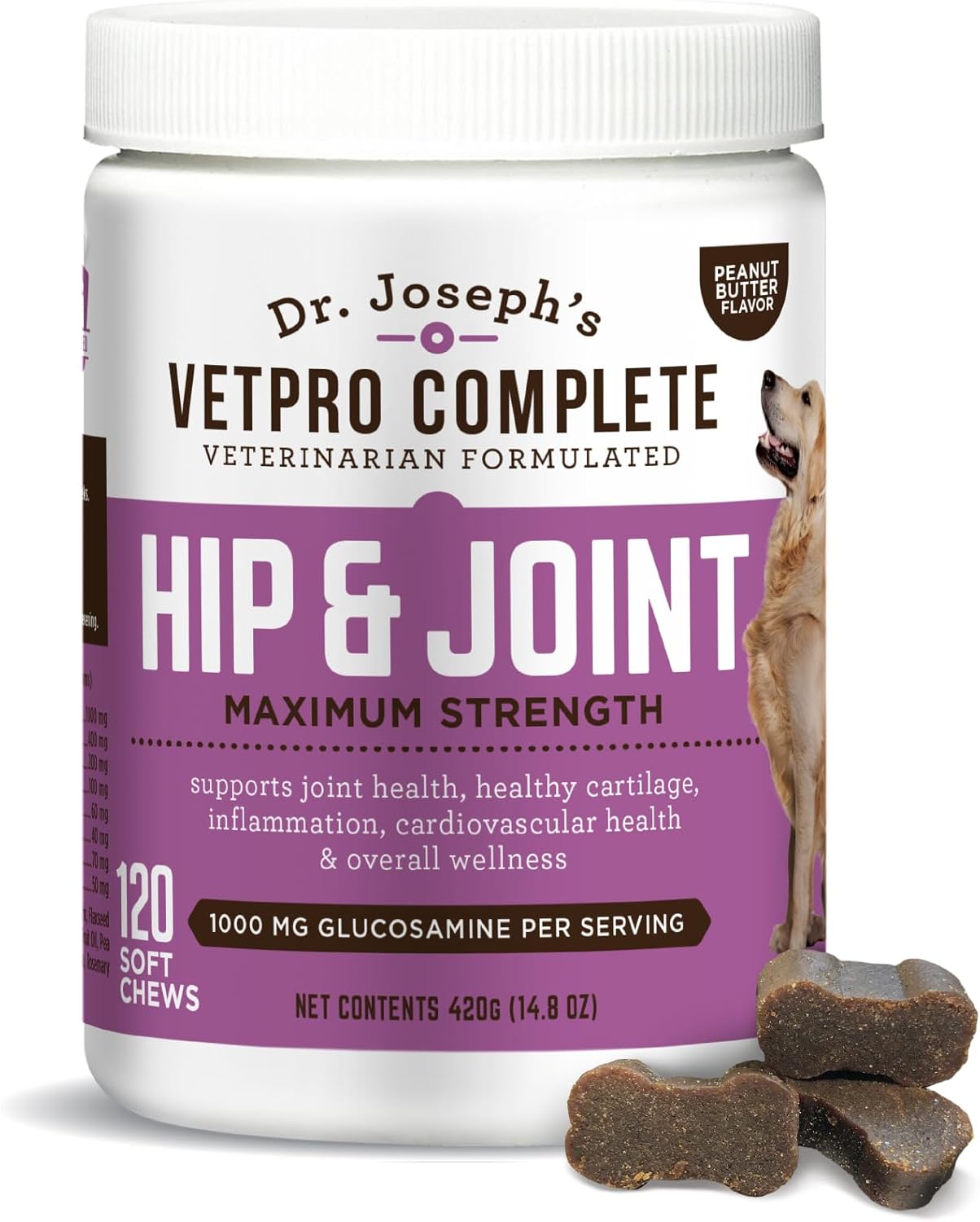 Dr. Joseph's VetPro Complete Dog Hip & Joint Supplement for Arthritis Pain Relief – High-Strength Glucosamine & Chondroitin Chews for Senior Dogs – Vet Formulated, Peanut Butter Flavor, 120 Ct