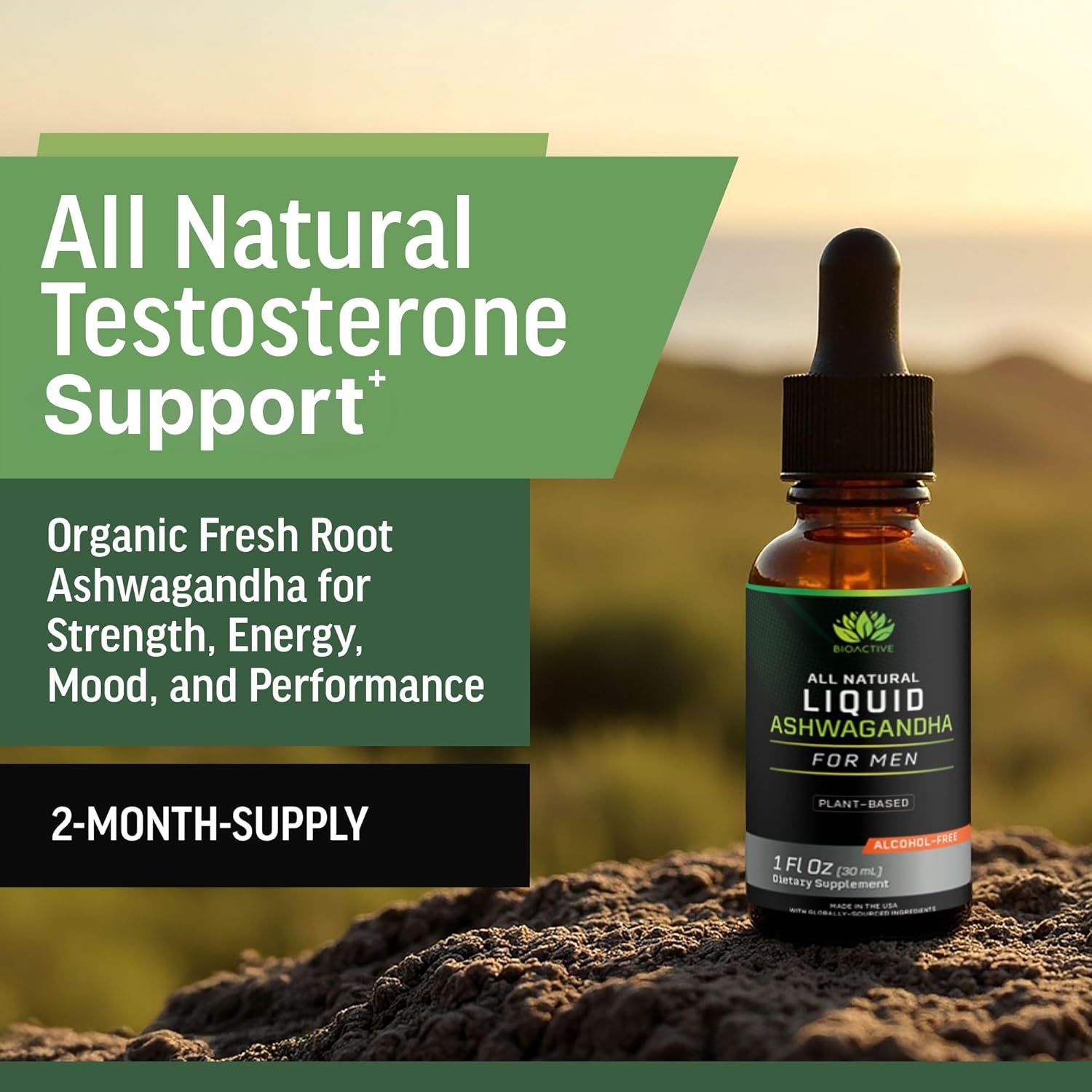 BIOACTIVE Liquid Ashwagandha Supplement Drops - Testosterone Booster For Men* - Adaptogen for Stress Support, Men’s Wellness - Organic, Vegetarian, Gluten Free, Non-GMO, 59 Servings (1 Oz, Unflavored) - Image 5