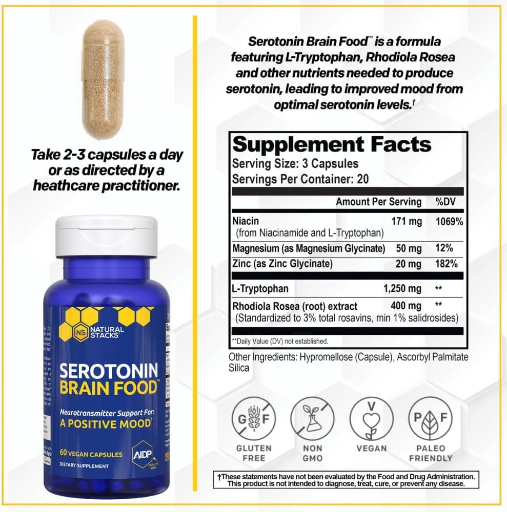 Serotonin Brain Food - 1250mg L-Tryptophan & 400mg Rhodiola Rosea Supplement - Mood Support Supplement for Stress Relief - Neurotransmitter Support with Magnesium Glycinate & Zinc - 60 Capsules - Image 2