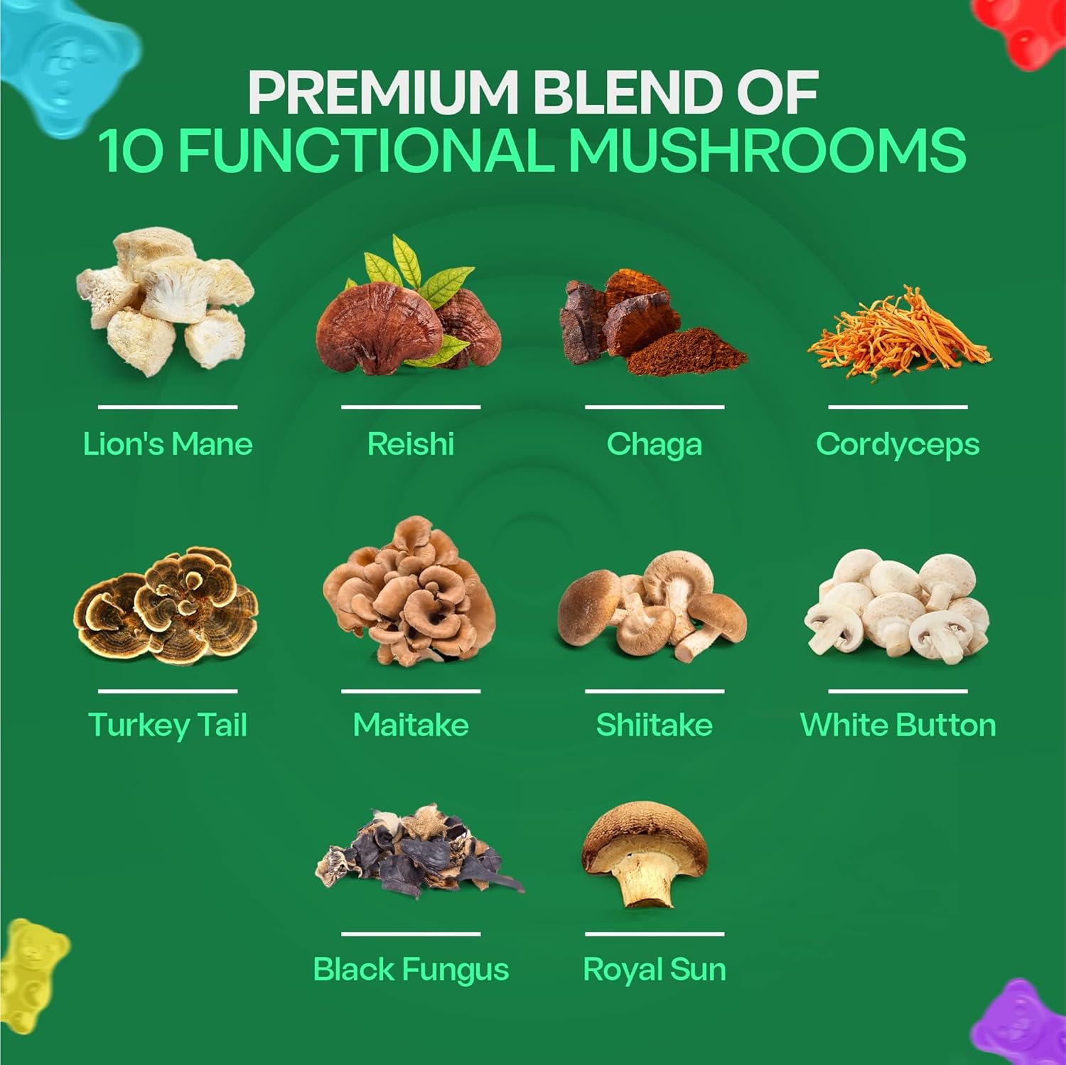 Mushroom Gummies – 10 Mushroom Complex with Lion’s Mane, Reishi, Chaga, Cordyceps & More – Fruity Vegan Gummies – Non-GMO, Gluten-Free, Plant-Based – 6 Packs - Image 2