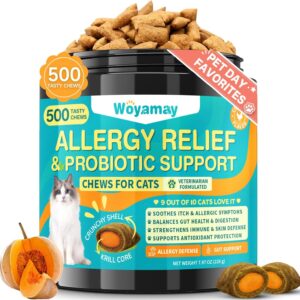 Woyamay Cat Allergy Relief for Cats with Probiotics, 500 Crunchy Cat Probiotic & Allergy Chews, Cat Allergy Treats to Stop Itching & Scratching, Probiotics for Cats Support Gut Health, Chicken Flavor