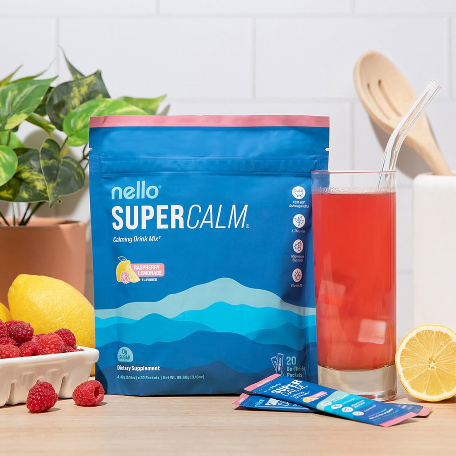 Nello Supercalm Powdered Drink Mix, Cortisol Reducer and Sleep Aid Supplement, L Theanine, Ksm-66 Ashwagandha, Magnesium Glycinate, Vitamin D 3, No Sugar, Non GMO, On The Go, 20 Ct, Raspberry Lemonade - Image 6