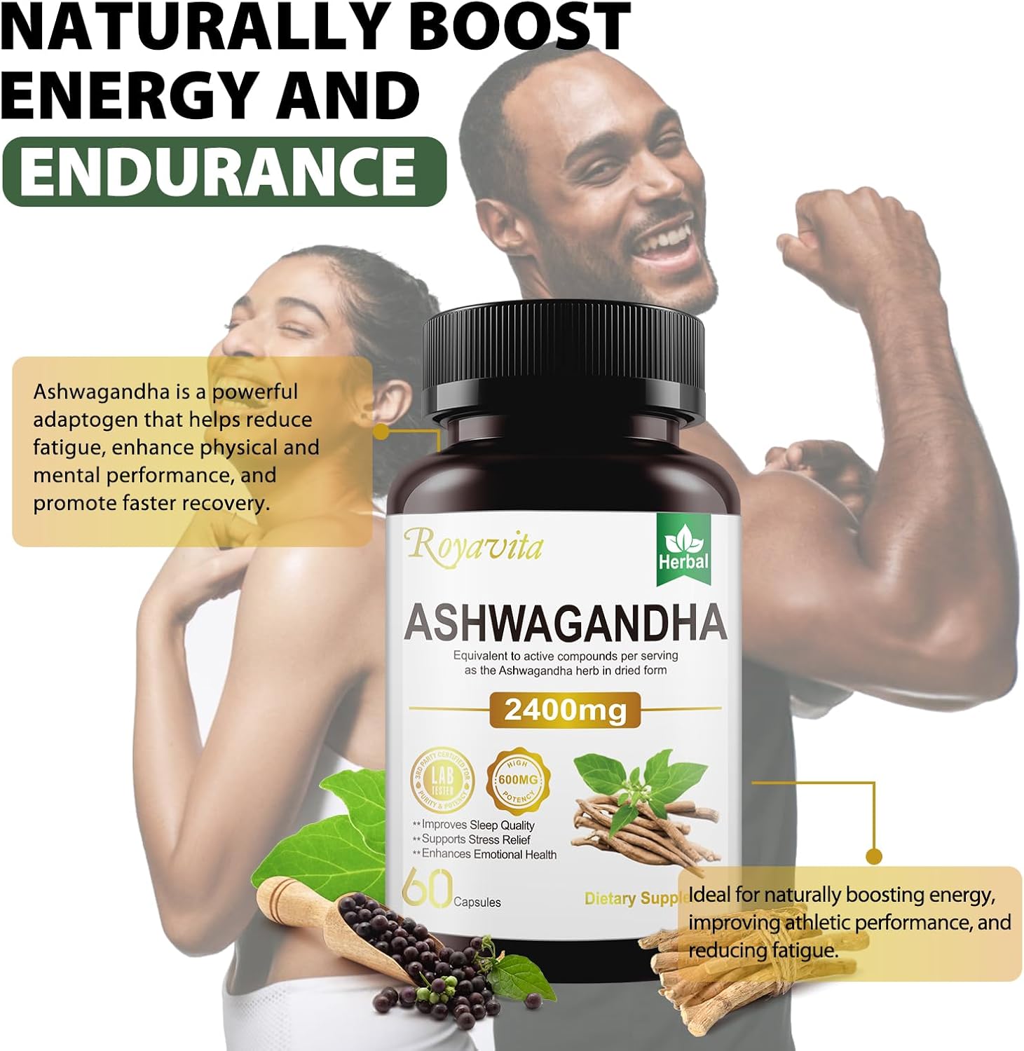 Ashwagandha Supplements 2400mg Organic with Black Pepper Vitamin B12 & B6 for Max Absorption Stress Relief Athletic Performance for Men & Women 60 Capsules - Image 7