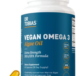 Dr. Tobias Vegan Omega 3 Supplement, 1400mg Algae Oil, 420mg DHA, and 210mg EPA per Serving, Non-GMO, Gluten-Free, Carrageenan-Free, 60 Capsules, 30 Servings