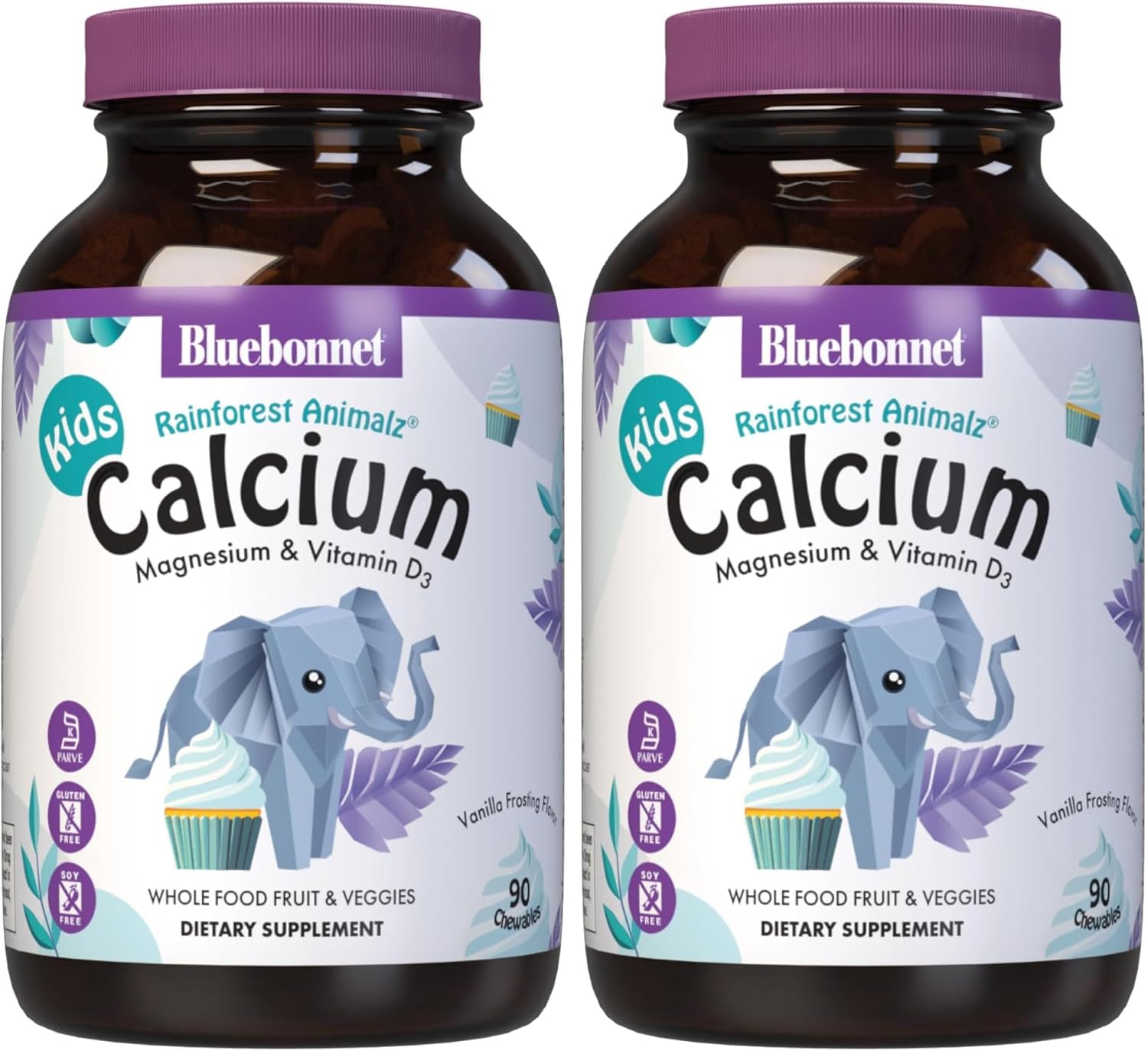 BlueBonnet Super Earth Rainforest Animalz Calcium Magnesium and Vitamin D3 Chews, Natural Vanilla Frosting, White, 90 Count (Pack of 2)
