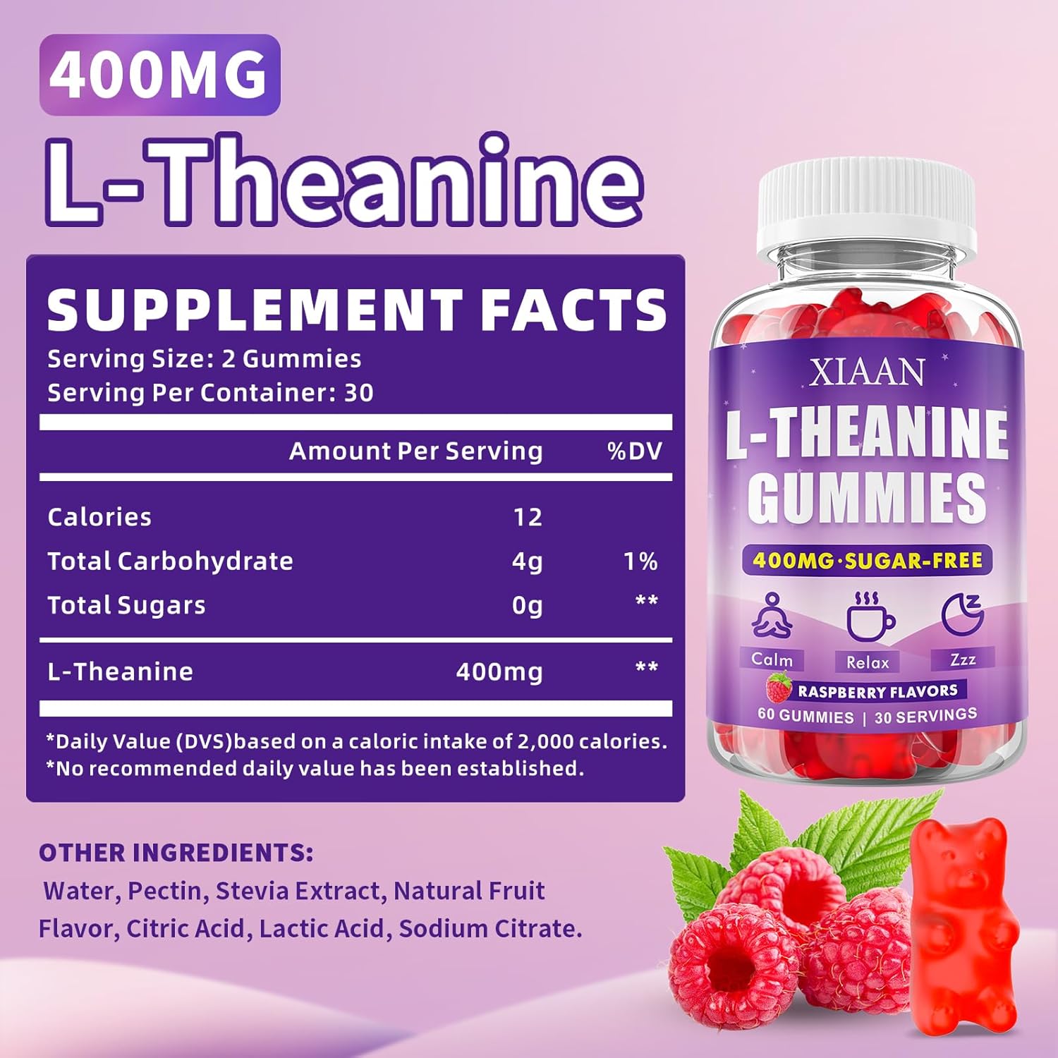 L-Theanine Gummies for Kids & Adults, L'Theanine 400mg Chewable L Theanine Supplement for Calm, Zzz & Relaxation Support, Vegan, Organic, Raspberry Flavor, 60 Counts - Image 2
