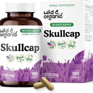 Wild & Organic Skullcap Herb Capsules 1200 mg - Calming Skullcap Supplement - 180 Capsules - Scutellaria Lateriflora Leaf Extract - 3-Month Supply - Vegan, No Fillers, Non-GMO