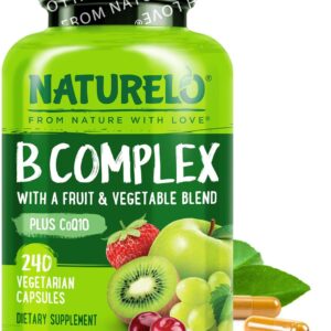 NATURELO Vitamin B Complex, 240 Capsules, Vegan, CoQ10, Methyl Folate, Biotin, Fruit & Veg Blend, Supports Energy and Healthy Stress Response, Super B Complex Vitamins for Women and Men