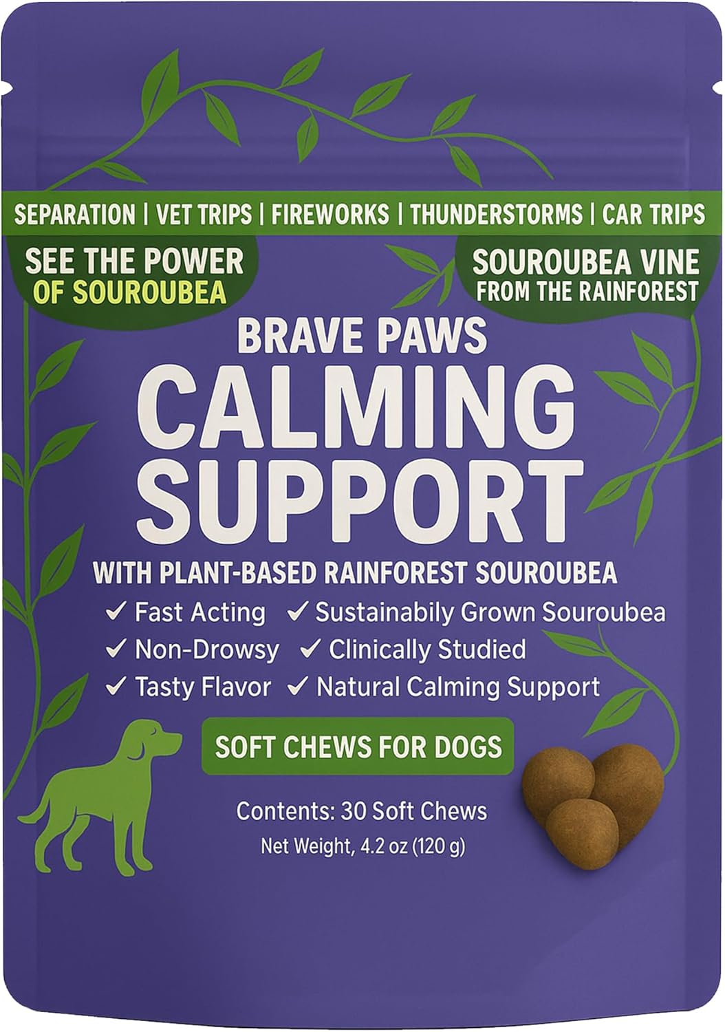 Brave Paws Calming Chews for Dogs - Plant-Based Dog Calming Chews for Anxiety Relief Support with Souroubea - Helps with Dog Separation Anxiety, Stress, Travel & Loud Noises (Fireworks, Thunder)
