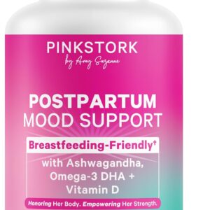 Pink Stork Postpartum Mood Support - Postnatal Hormone Balance for Women - Breastfeeding Friendly - Stress & Cognitive Support, New Mom Essentials - Ashwagandha, Chamomile, Vitamin D, 60 Capsules