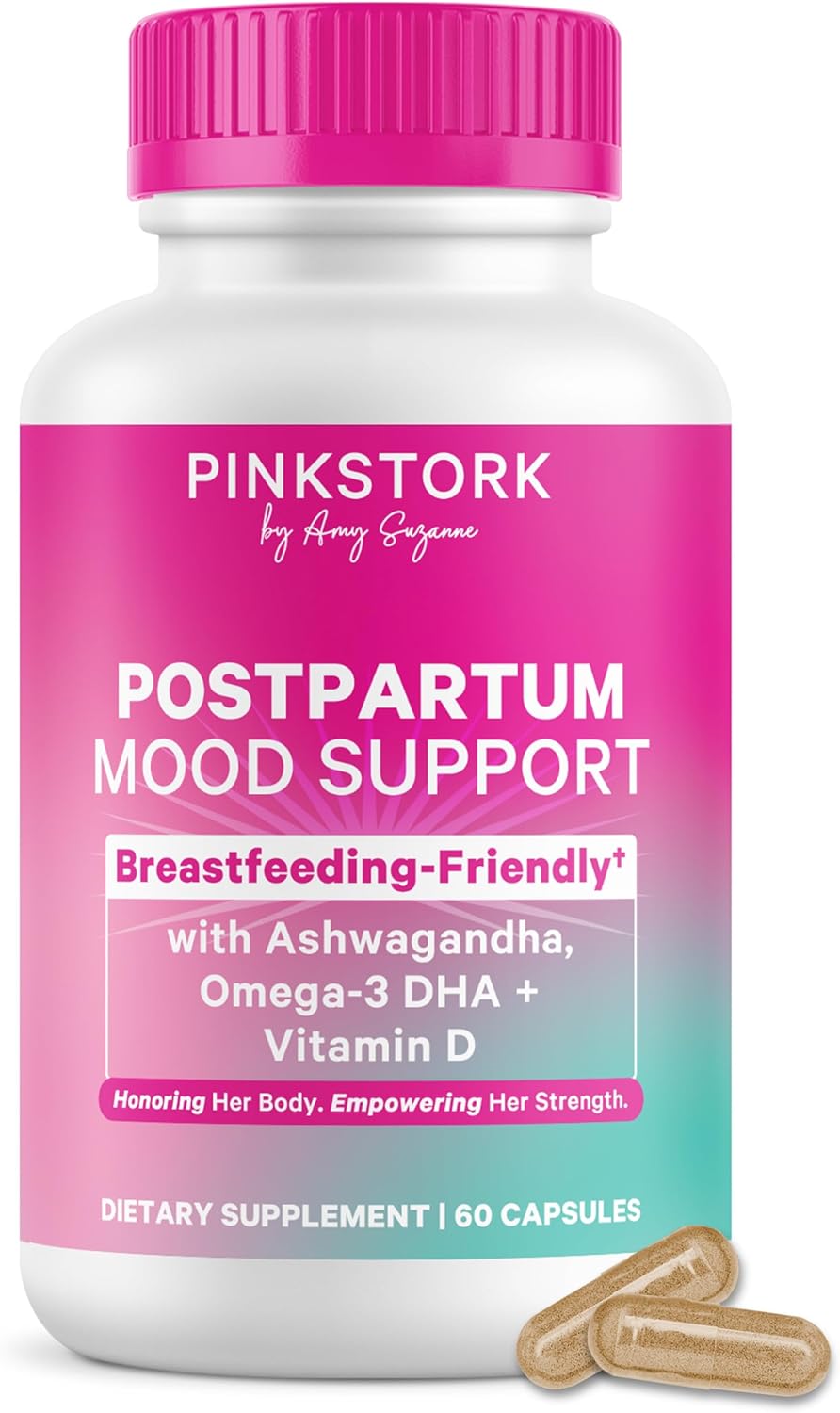 Pink Stork Postpartum Mood Support - Postnatal Hormone Balance for Women - Breastfeeding Friendly - Stress & Cognitive Support, New Mom Essentials - Ashwagandha, Chamomile, Vitamin D, 60 Capsules