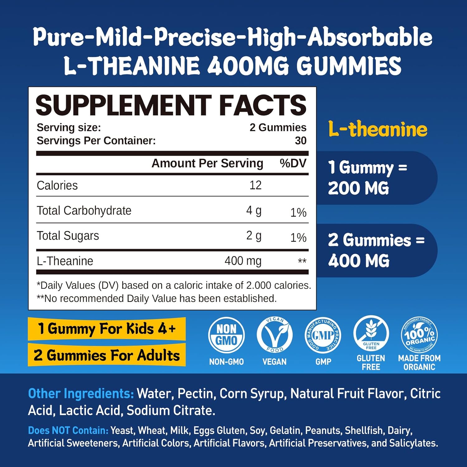 duwhot L Theanine Gummies, 200/400mg L-Theanine Supplement for Adults & Kids, Natural Stress Relief, Relaxation, Zzz & Focus Support Gummy, Organc,Vegan, Low Sugar,Non-Drowsy,Lemon Flavor,60 Chewables - Image 2