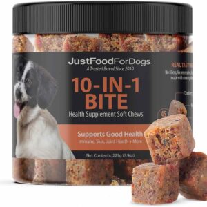 JustFoodForDogs 10-in-1 Supplement for Dogs, Human Grade Dog Supplements, Multivitamin Soft Chews, Immune, Skin and Joint Support, Omega 3 Oil, Superfood Blend, Plant Based Dog Vitamins - 45 Count