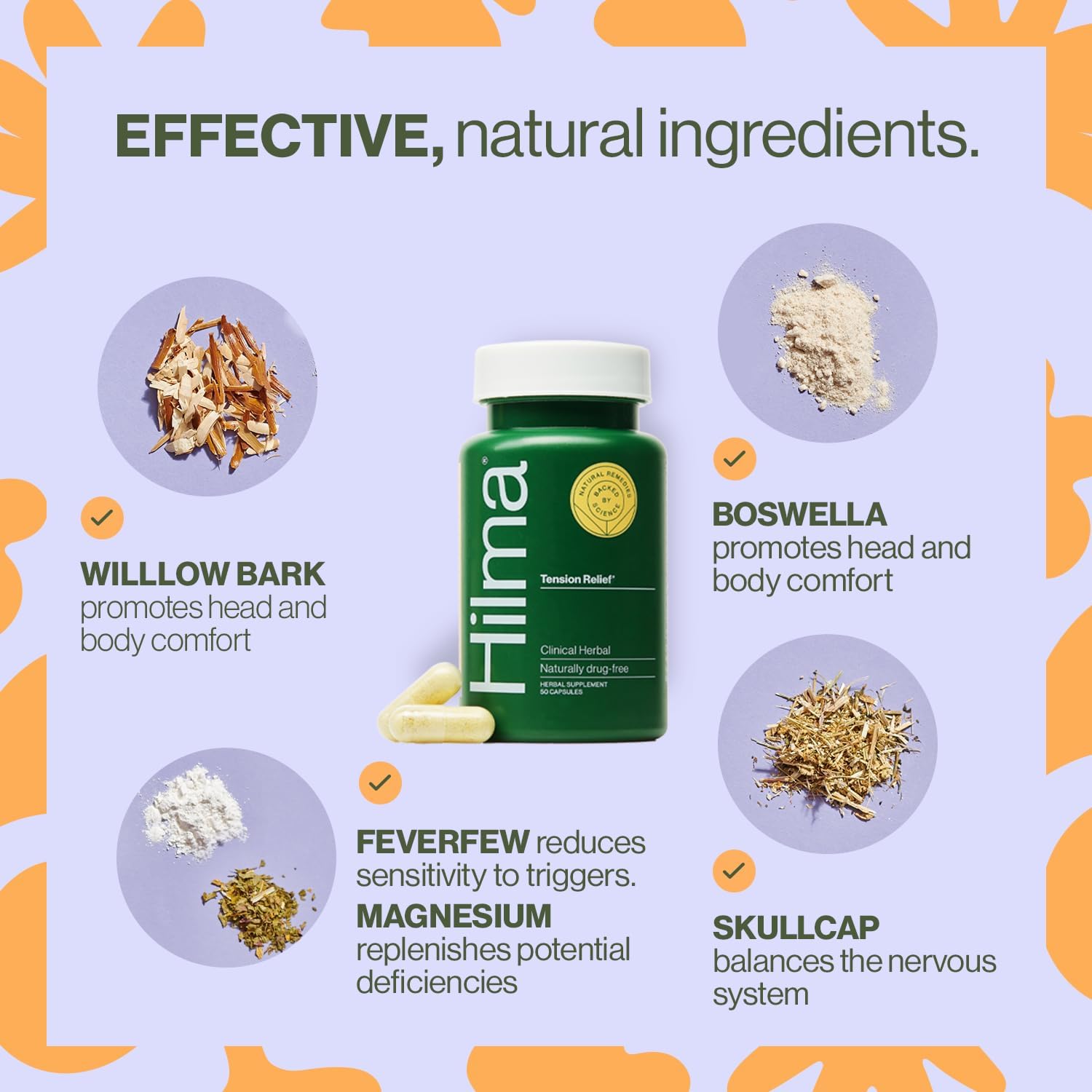 Hilma Natural Tension Headache Relief, Supplements with Magnesium, Boswellia and Feverfew, 50 Vegan Capsules - Image 3