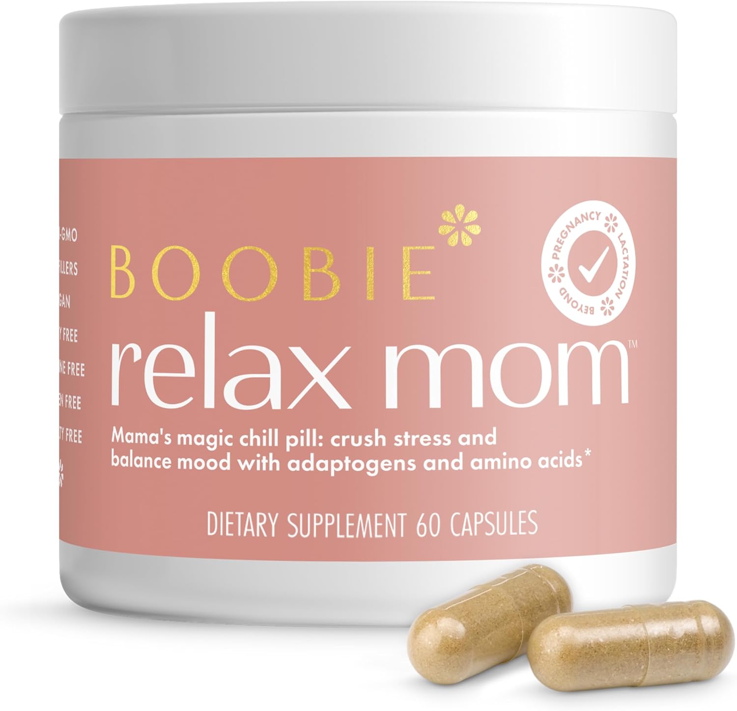Boobie Relax Mom Pregnancy & Postpartum Stress Support for Women | Breastfeeding Friendly Calm Mood Supplement with Adaptogens | 60 Capsules