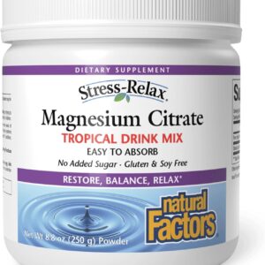 Stress-Relax Magnesium Citrate Drink Mix by Natural Factors, Restores Normal Levels of Magnesium & Balances Calcium Intake, Non-GMO, Tropical Flavor, 8.8 oz (75 servings)