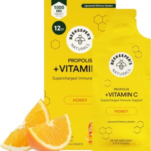 Propolis Liposomal Vitamin C by Beekeeper's Naturals, 1000mg Vitamin C, Propolis & Organic Honey, Supercharged Immune Support & Increased Bioavailibity for Max Absorption, 12 Ct
