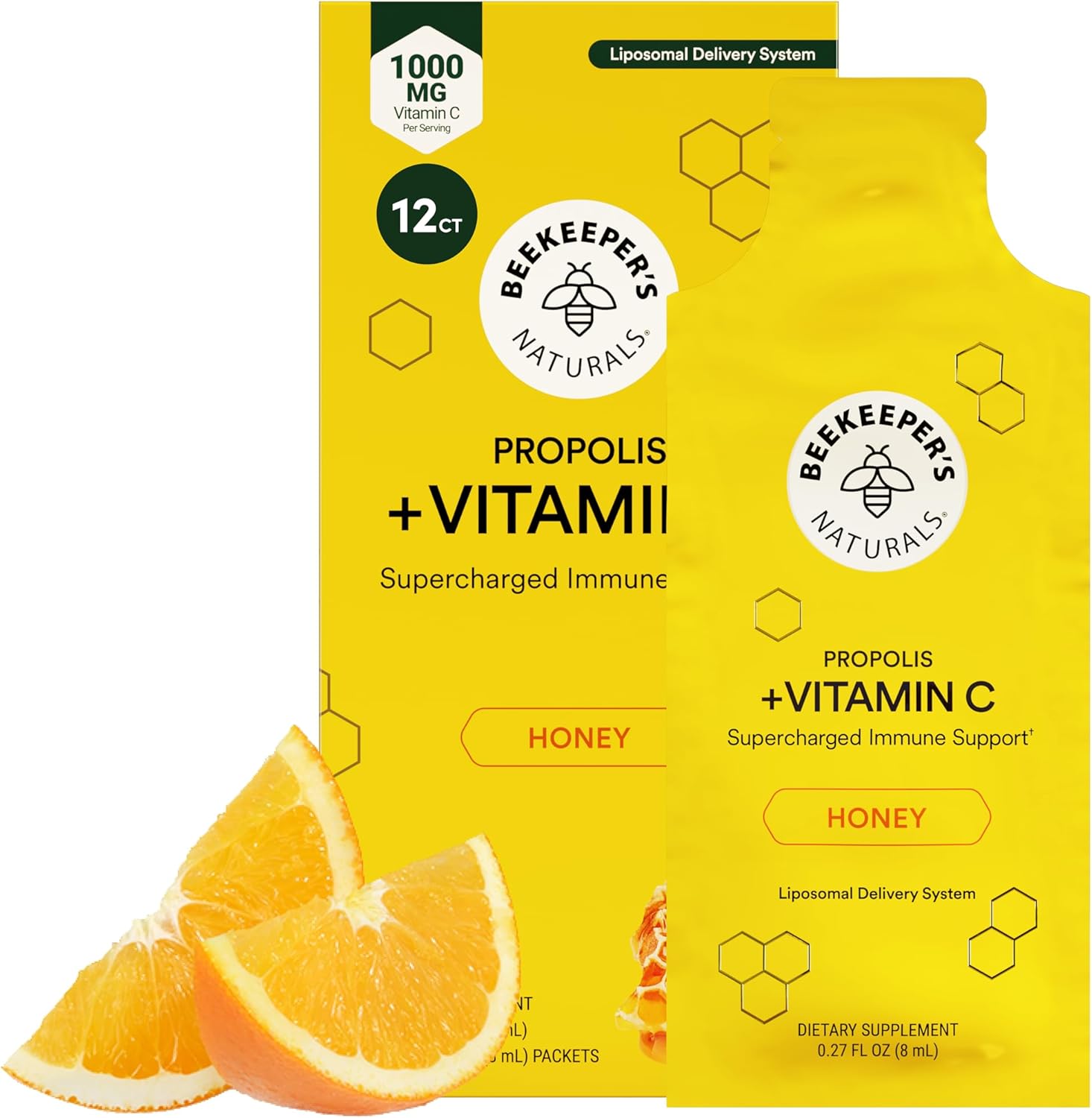 Propolis Liposomal Vitamin C by Beekeeper's Naturals, 1000mg Vitamin C, Propolis & Organic Honey, Supercharged Immune Support & Increased Bioavailibity for Max Absorption, 12 Ct