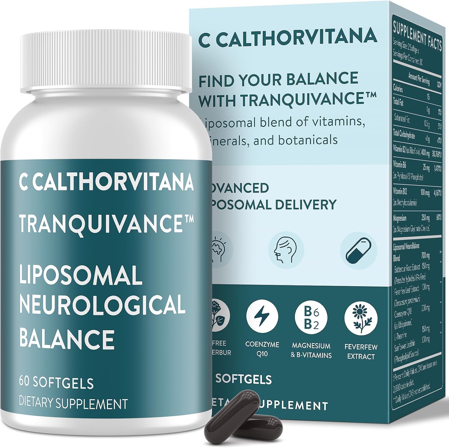 Migraine Relief Supplement – Liposomal Riboflavin, Vitamin B2 B6 & B12, Magnesium, CoQ10, L-Theanine, PA-Free Butterbur & Feverfew – Natural Head & Nerve – 60 Softgels