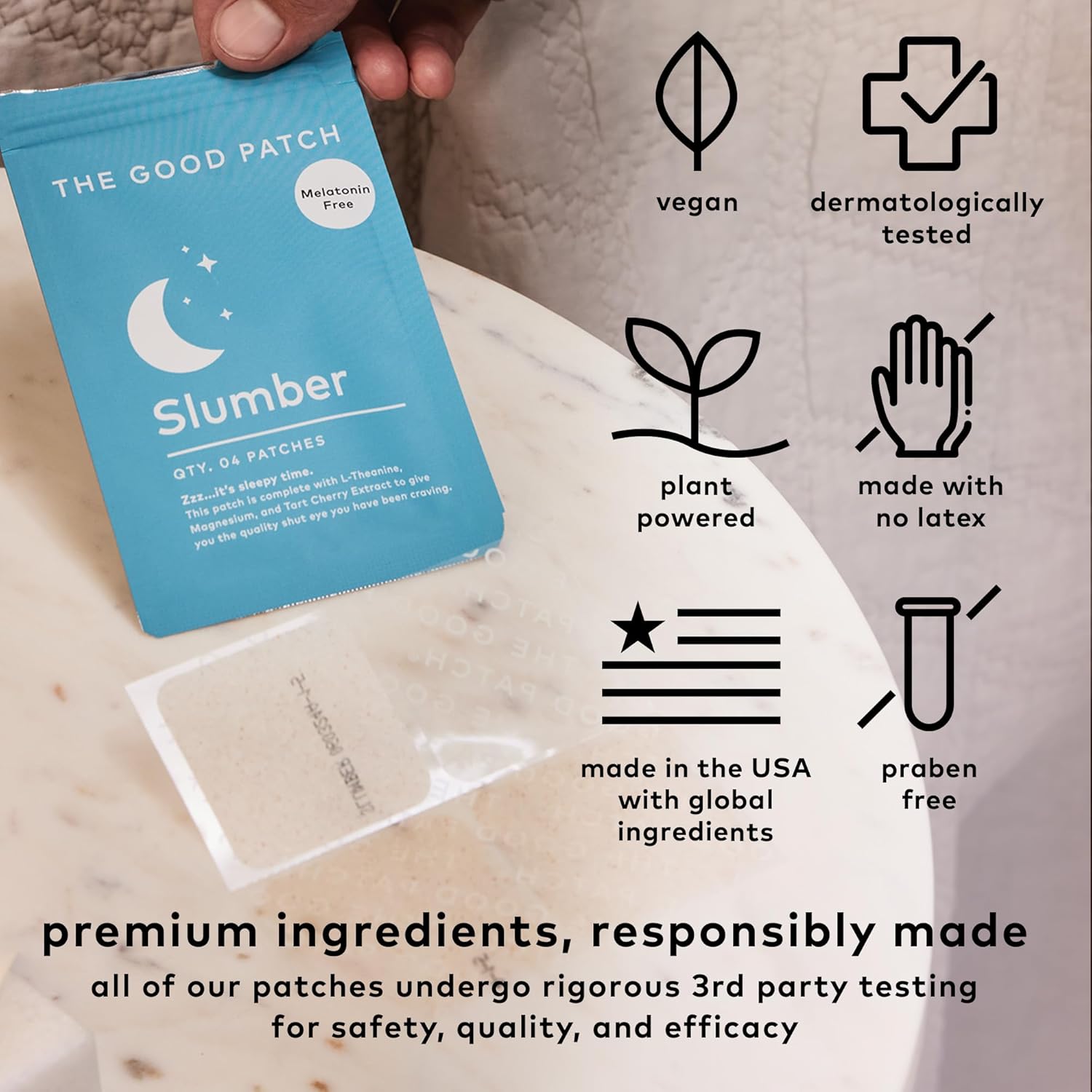 The Good Patch Slumber Sleep Patch Support, Melatonin Free, Sustained Release, Natural Patch with L-Theanine, Magnesium, Tart Cherry Extract, Plant Powered Wearable Wellness (24 Total Patches) - Image 4