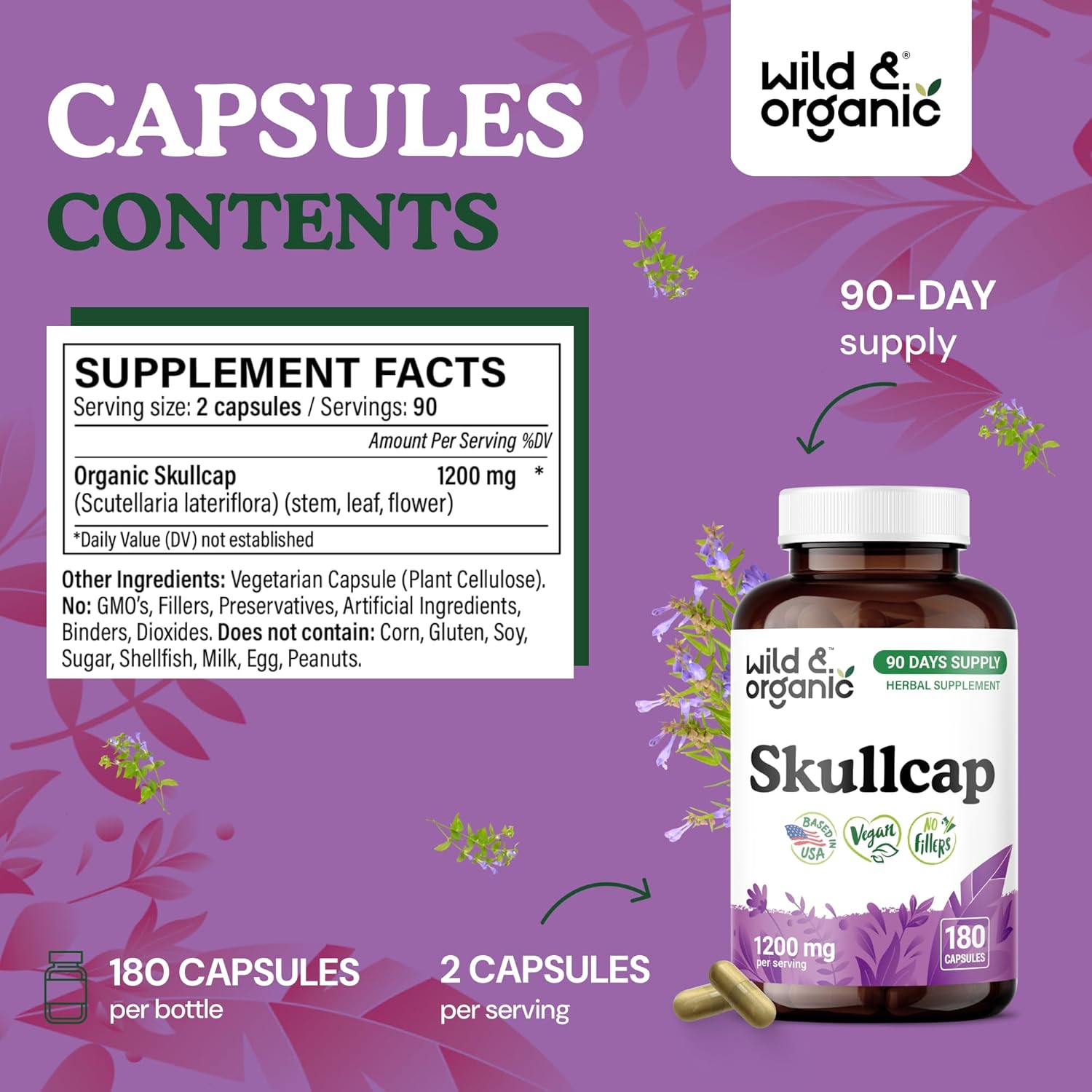 Wild & Organic Skullcap Herb Capsules 1200 mg - Calming Skullcap Supplement - 180 Capsules - Scutellaria Lateriflora Leaf Extract - 3-Month Supply - Vegan, No Fillers, Non-GMO - Image 3