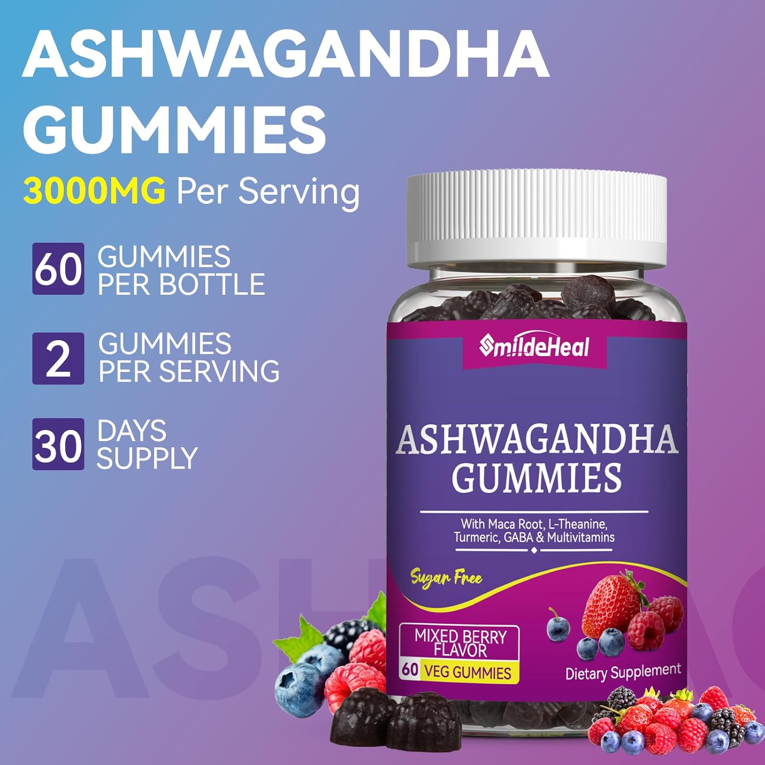 Ashwagandha Gummies 3000mg - Stress Relief, Immune Support & Increased Energy - Ashwagandha Supplements for Women & Men - Natural Mixed Berry Flavor (60 Count) - Image 3