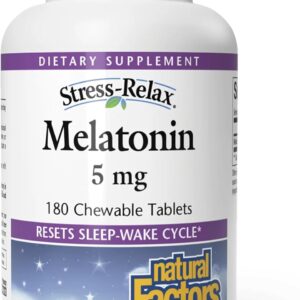 Stress-Relax Melatonin 5 mg by Natural Factors, Natural Sleep Aid, Resets the Sleep-Wake Cycle, 180 chewable tablets (180 servings), Peppermint Flavor
