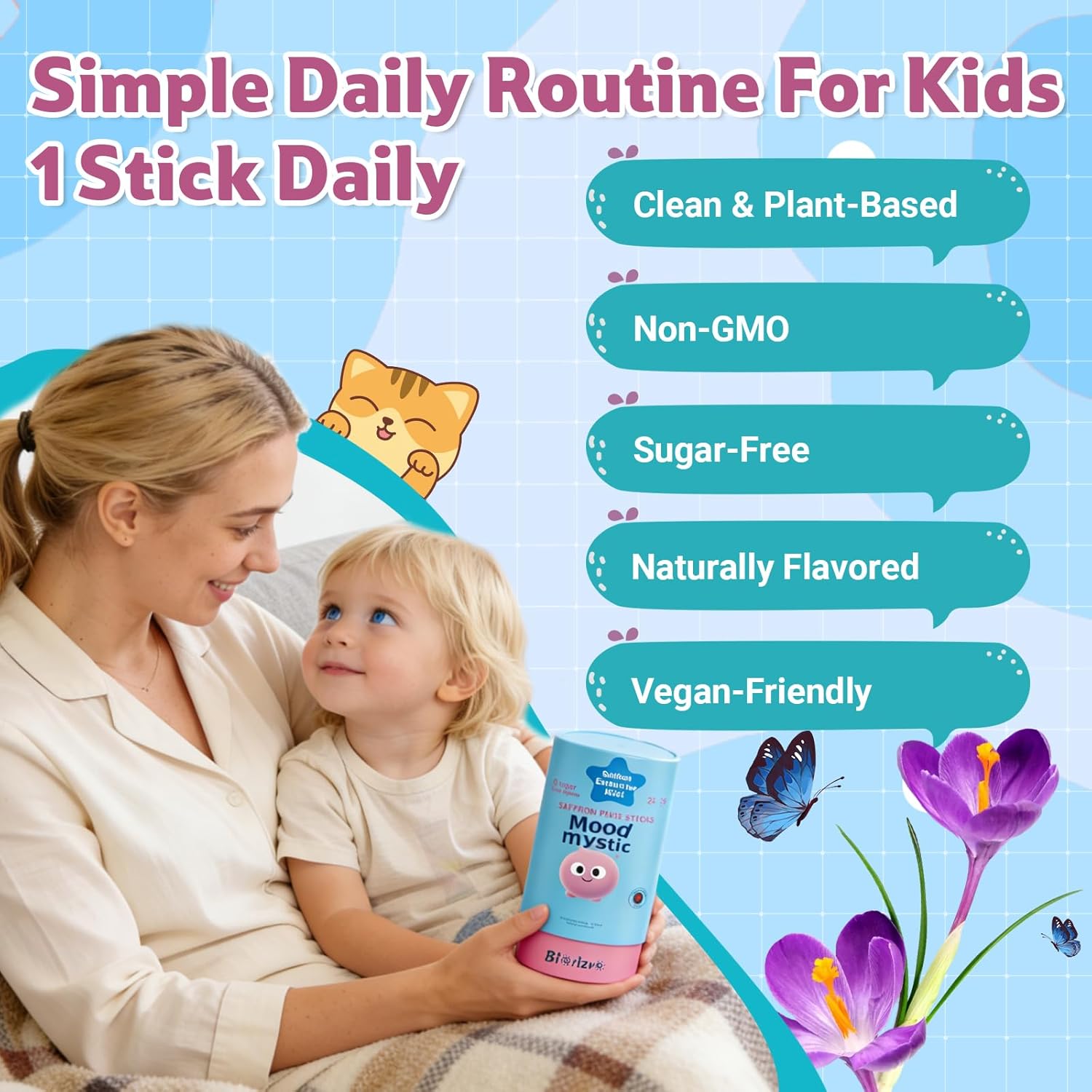 Saffron Drink for Kids - Saffron Exact Drink Mix with GABA, Magnesium & Vitamin D3 - Supports Mood Focus & Sleep, Calms Temper Tantrums, Fruit Punch Drink Sticks Mix for Kids 4+, Sugar-Free - Image 4