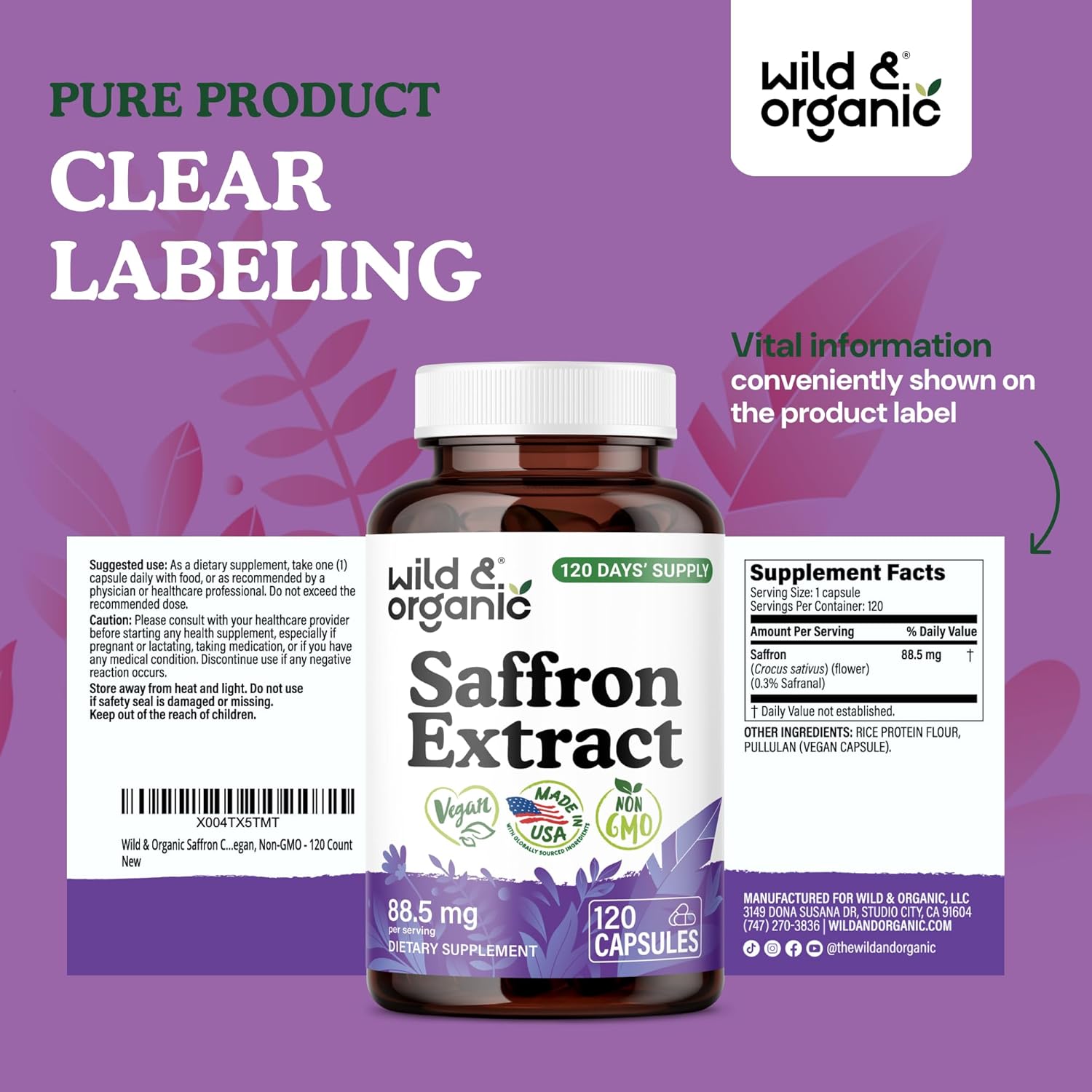 Wild & Organic Saffron Capsules 88.5 mg - Mood, Focus, Eye Support - Natural Saffron Supplements - Crocus Sativus Extract - 120 Days of Supply - Vegan, Non-GMO - 120 Count - Image 7