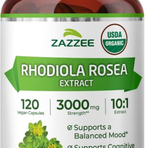 Zazzee USDA Organic Rhodiola 10:1 Extract, 120 Capsules, 4 Month Supply, Rhodiola Rosea, Energy, Stress & Mental Focus Support, Concentrated 10X Extract, All-Natural, Non-GMO, Made in the USA