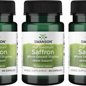 Swanson Full Spectrum Organic Spanish Saffron Mood and Stress Support Supplement for Adults Seeking Natural Relaxation - Whole Ground Stigmas (60 Vegan Capsules, 15 mg, 3 Pack)