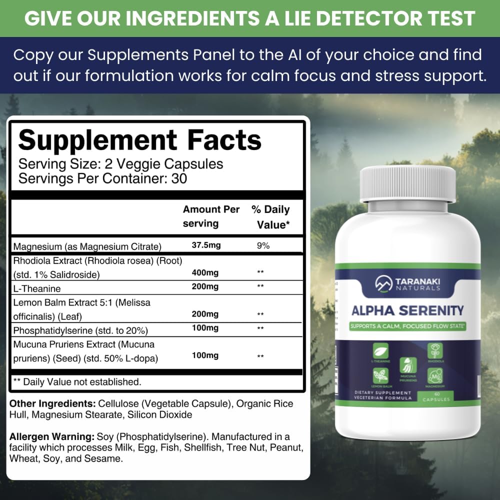 Alpha Serenity Anti-Stress Supplement - Rhodiola Rosea, L-Theanine, Lemon Balm, Mucuna Pruriens - Non-Drowsy, USA-Made, Veggie Capsules for Natural Calm - Image 2