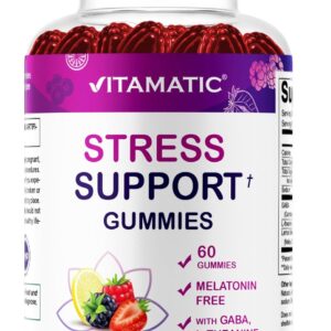 Vitamatic Stress Relief Gummies with GABA, L-Theanine, Lemon Balm – Lemon & Mixed Berry Flavor – 60 Gummies – Vegan, Non-GMO, Gluten-Free