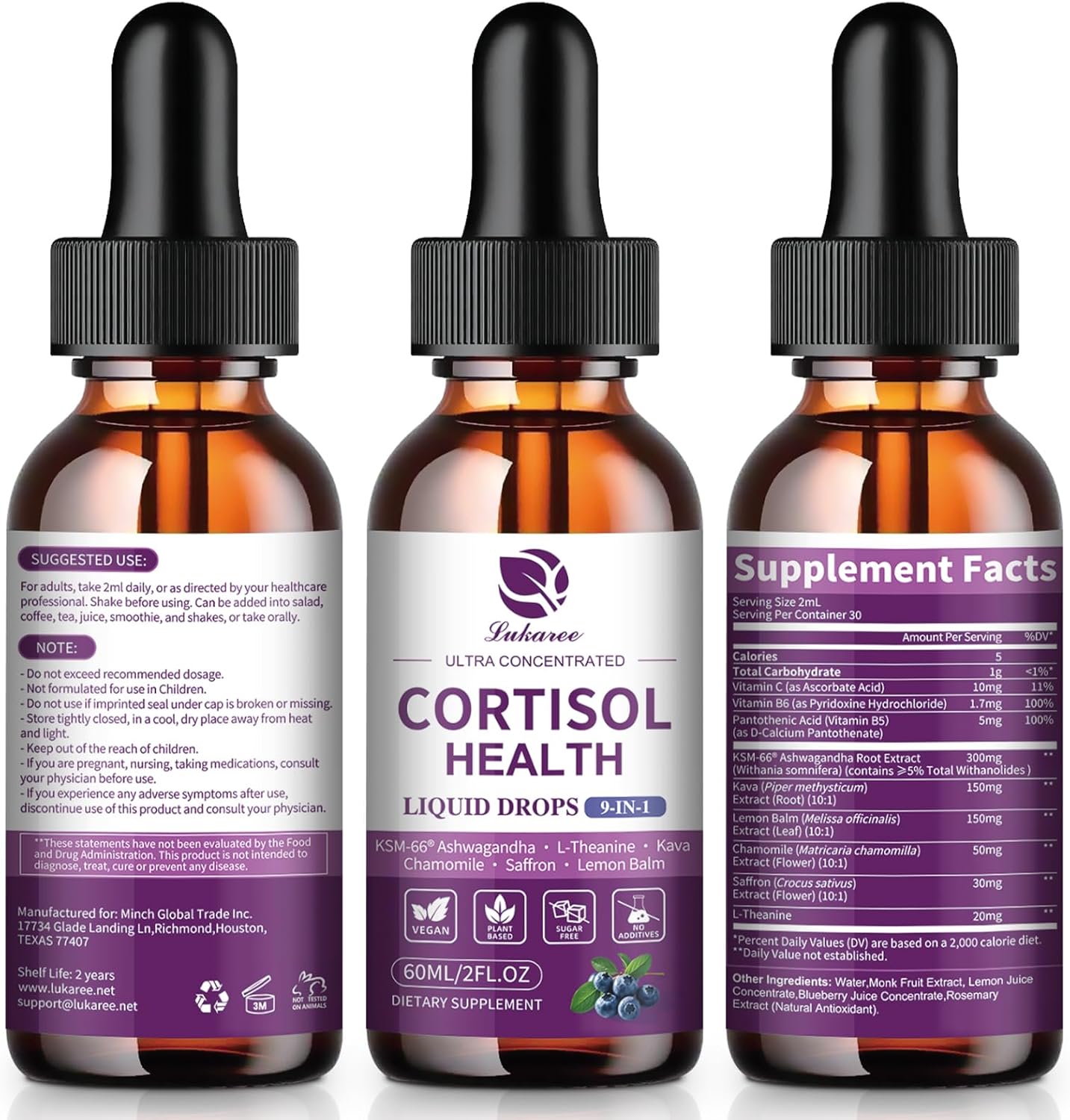 Cortisol Supplements for Women, Cortisol Reducer Manager Detox with KSM-66® Ashwagandha, Kava, Lemon Balm & Vitamin C B5 B6, Lower Cortisol, Hormone Harmony Liquid Drops, 2 FL.OZ, Blueberry Flavor - Image 9