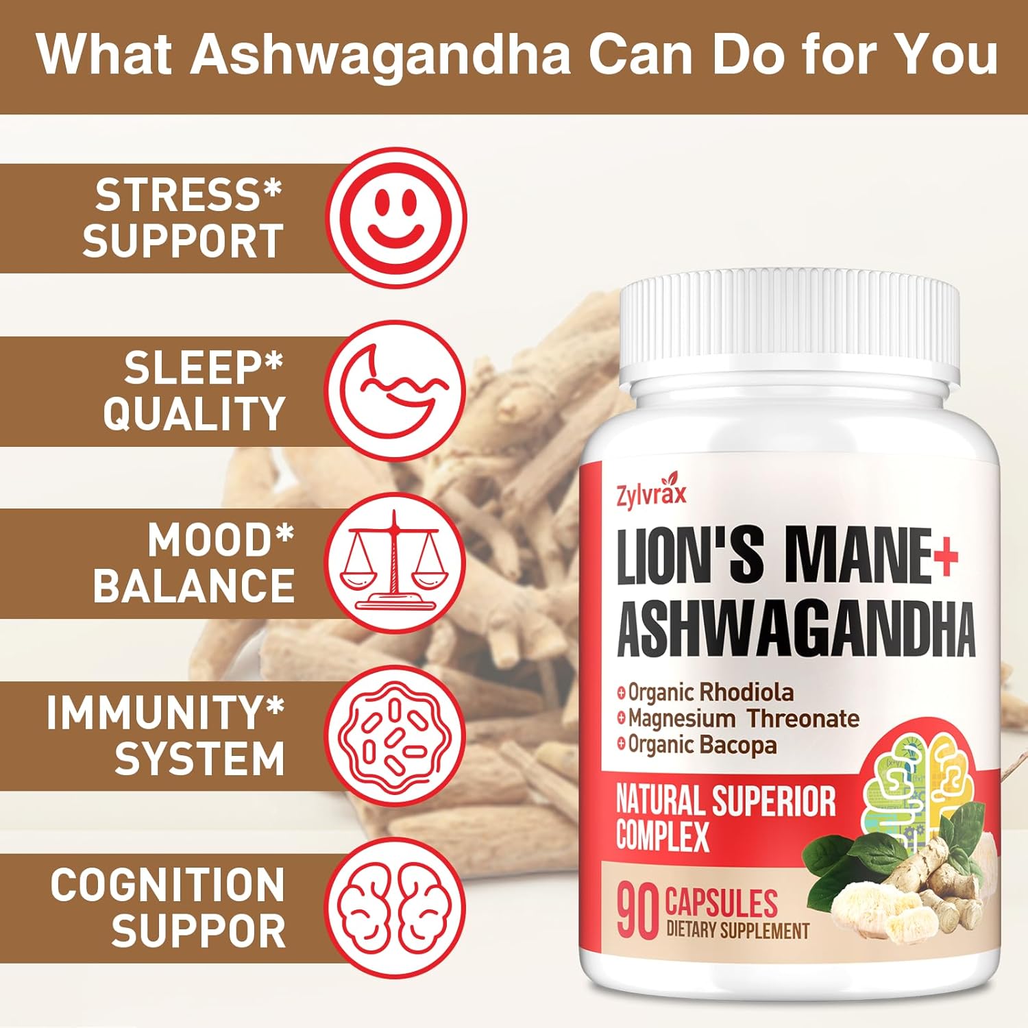 Ashwagandha & Lions Mane Supplements Capsules, Brain Supplements for Memory and Focus, Ashwagandha with Rhodiola Rosea for Cognitive, Immune Support, Cortisol Supplements for Women, 90 Capsules - Image 5
