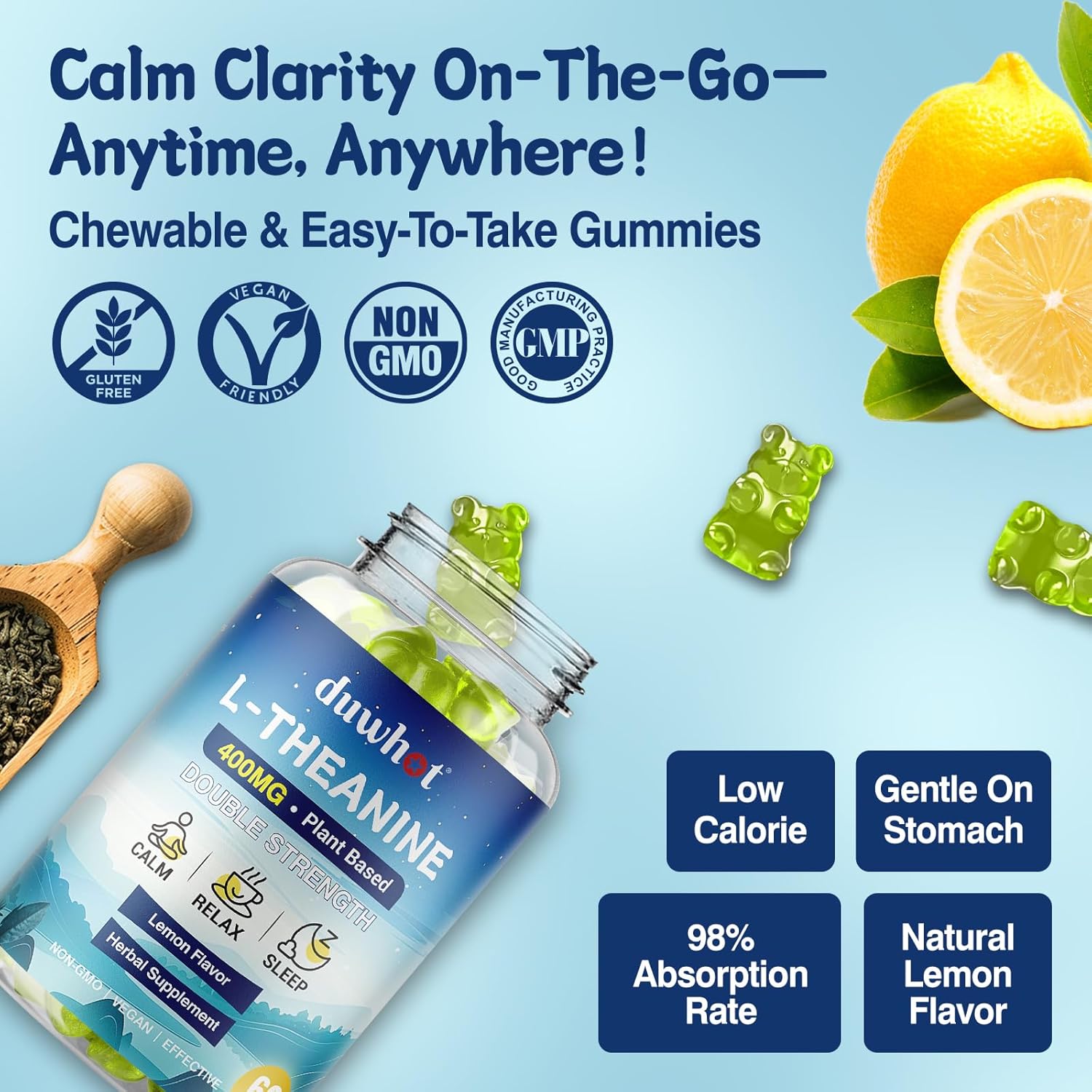 duwhot L Theanine Gummies, 200/400mg L-Theanine Supplement for Adults & Kids, Natural Stress Relief, Relaxation, Zzz & Focus Support Gummy, Organc,Vegan, Low Sugar,Non-Drowsy,Lemon Flavor,60 Chewables - Image 8