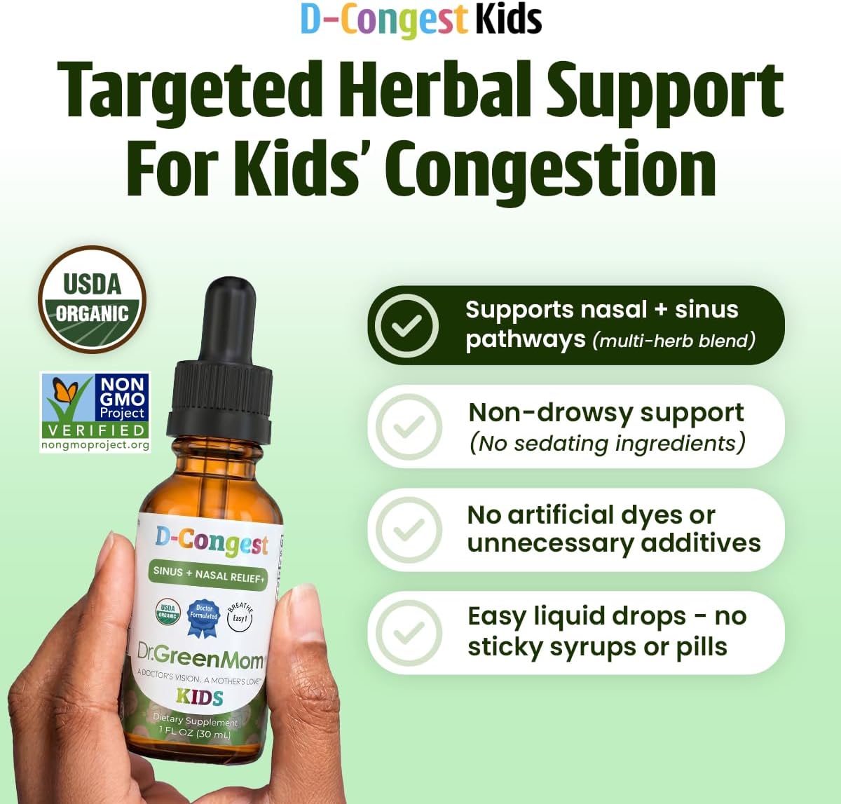 Dr. Green Mom D-Congest Kids - Organic Kids Sinus Support Drops | Drug-Free Herbal Supplement for Children's Stuffy Nose, Nasal & Respiratory Health | USDA Organic, Non-GMO - Image 2