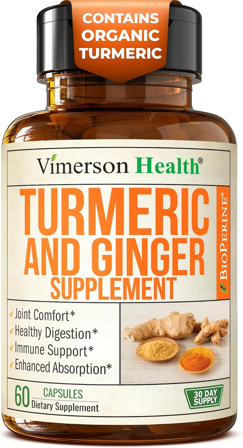 Turmeric and Ginger Supplement with Black Pepper for Joint Support, Digestive & Gut Health - Contains Organic Turmeric with Ginger Root Supplement and BioPerine for Enhanced Absorption - 60 Capsules