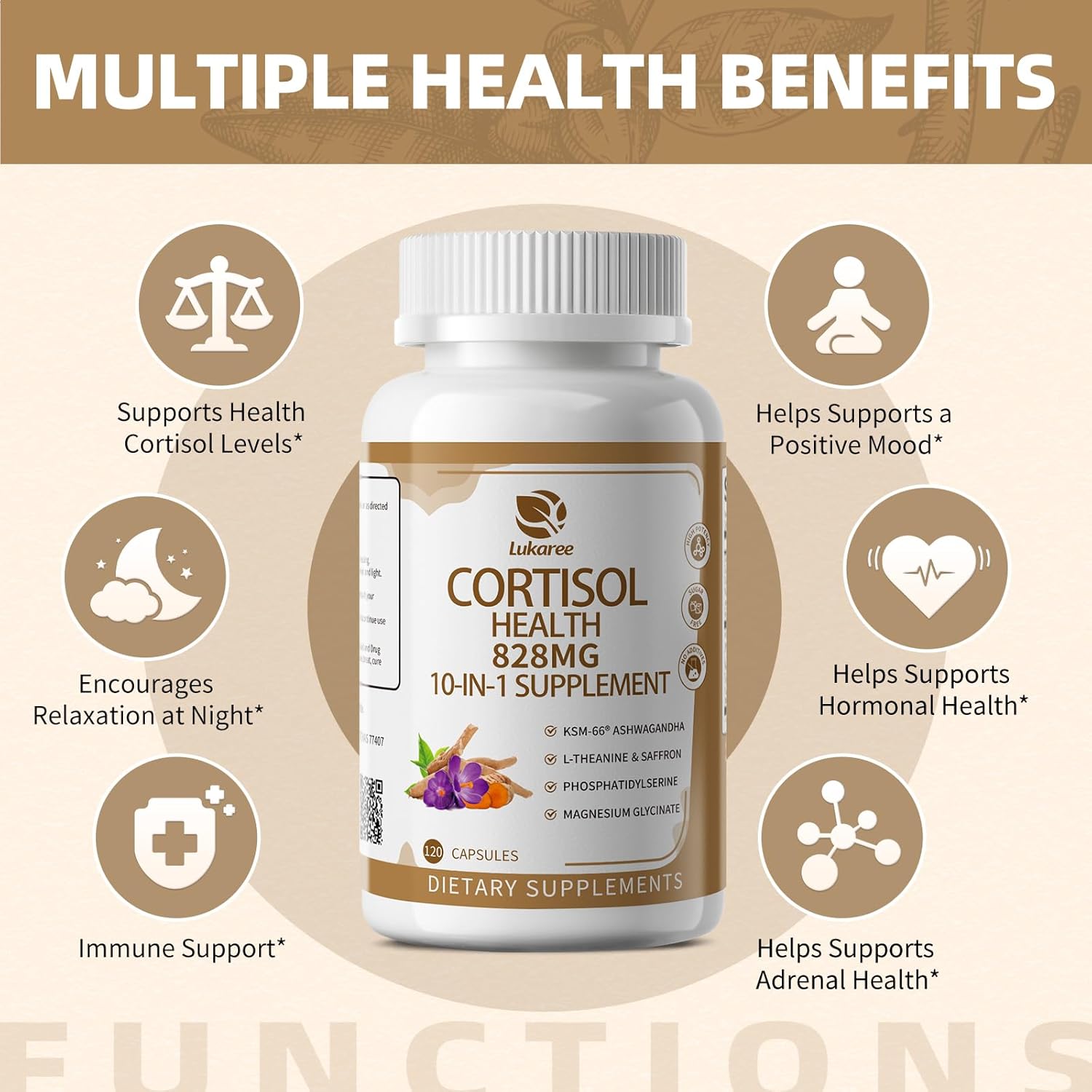 10-IN-1 Cortisol Supplements w/ KSM-66® Ashwagandha 300mg + L-Theanine 250mg, Magnesium Glycinate, Saffron, Phosphatidylserine, Turmeric & Vitamin C D3 B6 B5, For Women Men, 120 Capsules 60-Day Supply - Image 5