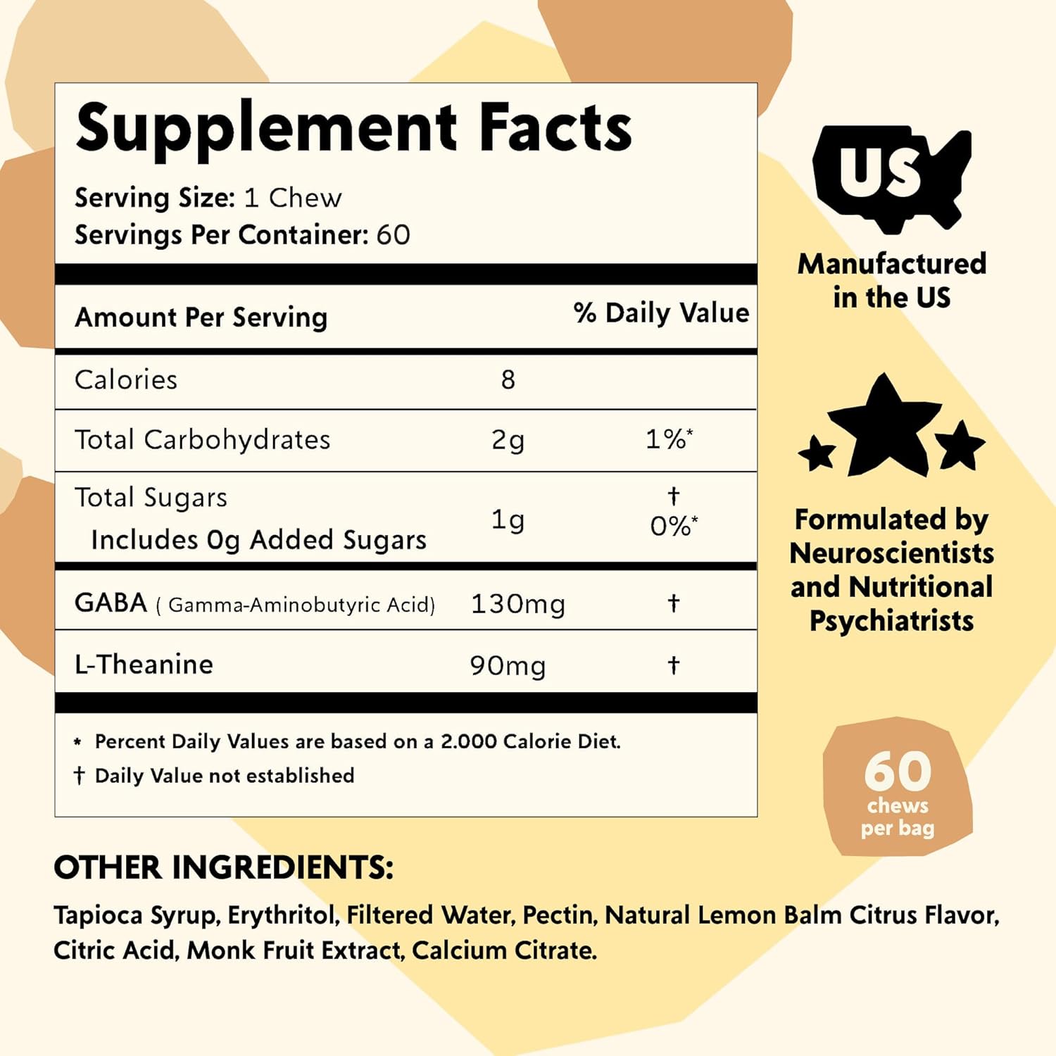 PYM Citrus Mood Chews Support for Stress, Worry & Overwhelm, 60 Count | 130mg GABA, 90mg L-Theanine | Vegan,Non-GMO, Gluten-Free,No Added Sugar | All-Natural Mood Balance Supplement in Resealable Bag - Image 2