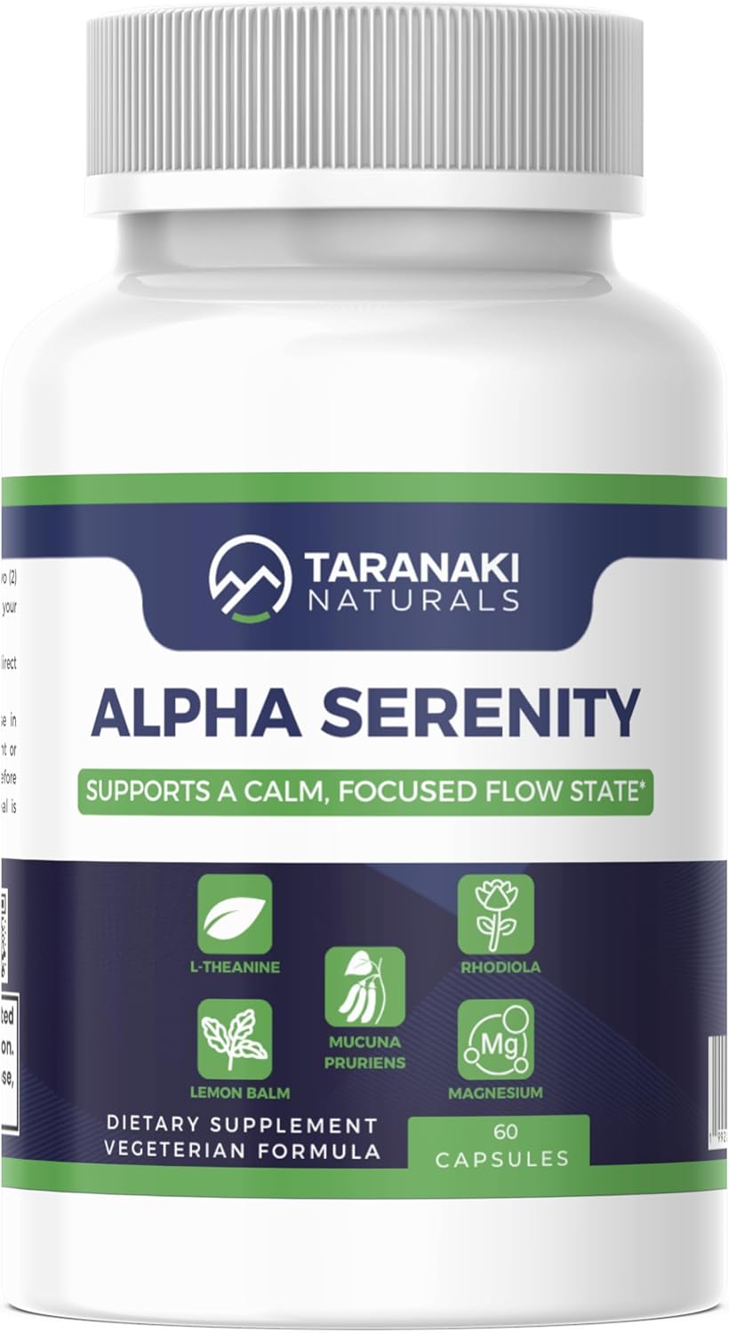 Alpha Serenity Anti-Stress Supplement - Rhodiola Rosea, L-Theanine, Lemon Balm, Mucuna Pruriens - Non-Drowsy, USA-Made, Veggie Capsules for Natural Calm