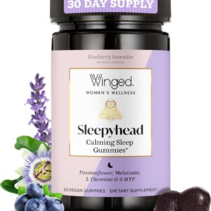 Winged Wellness Sleepyhead Natural Sleep Gummies for Women - Prime Sleep Support Aid for Adults with 3mg Melatonin, L-Theanine, 5-HTP - Blueberry Lavender Flavored - 30 Servings
