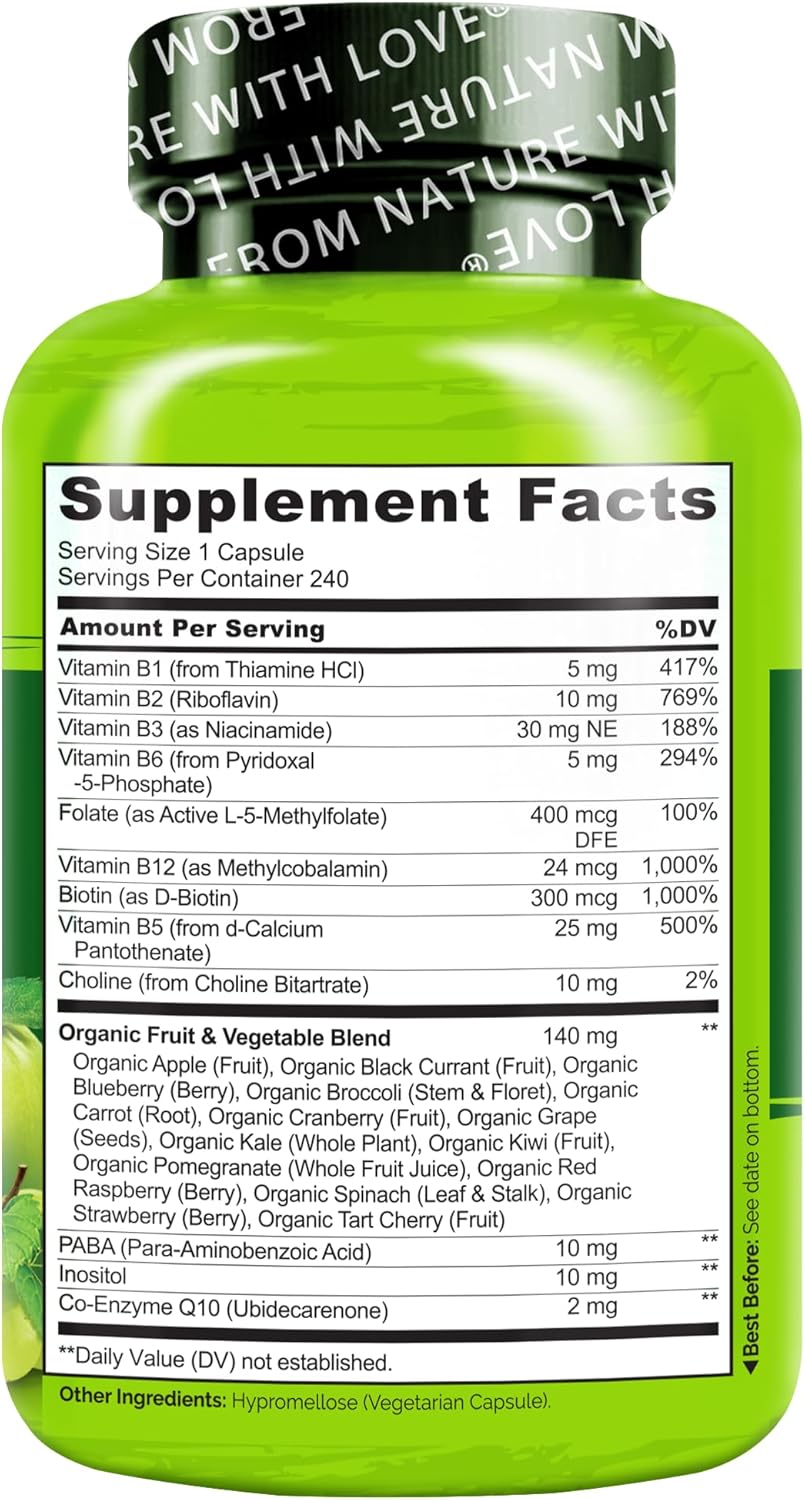 NATURELO Vitamin B Complex, 240 Capsules, Vegan, CoQ10, Methyl Folate, Biotin, Fruit & Veg Blend, Supports Energy and Healthy Stress Response, Super B Complex Vitamins for Women and Men - Image 8
