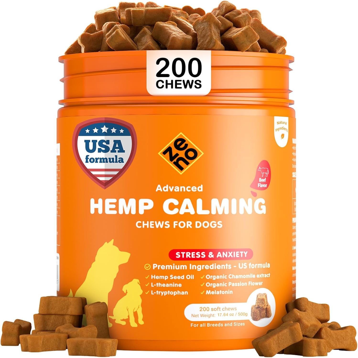 ZENO Hemp Calming Chews for Dogs Anxiety 200 pcs - Beef Flavored - Dog Anxiety Relief - Calming Chews - Melatonin for Dogs - for Stress, Travel, Check-up, Barking or Grooming - Dog Calming Treats