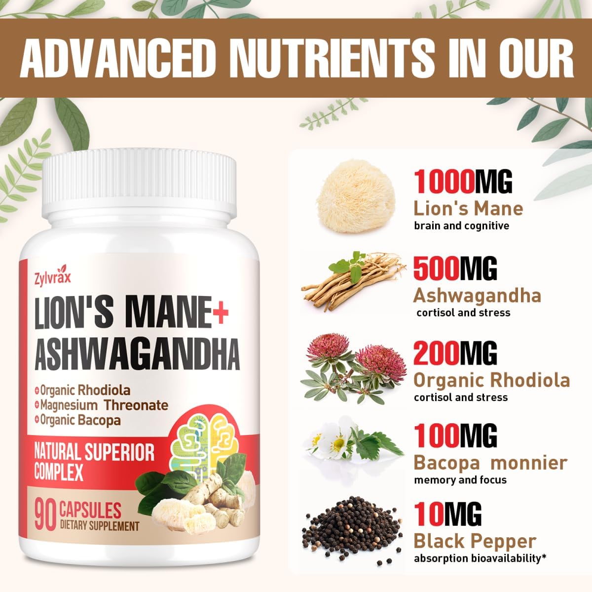 Ashwagandha & Lions Mane Supplements Capsules, Brain Supplements for Memory and Focus, Ashwagandha with Rhodiola Rosea for Cognitive, Immune Support, Cortisol Supplements for Women, 90 Capsules - Image 9