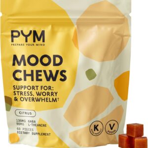 PYM Citrus Mood Chews Support for Stress, Worry & Overwhelm, 60 Count | 130mg GABA, 90mg L-Theanine | Vegan,Non-GMO, Gluten-Free,No Added Sugar | All-Natural Mood Balance Supplement in Resealable Bag
