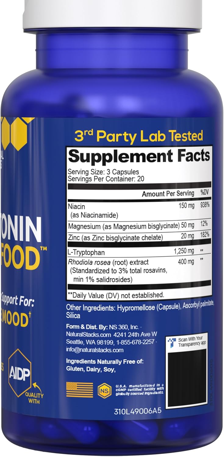 Serotonin Brain Food - 1250mg L-Tryptophan & 400mg Rhodiola Rosea Supplement - Mood Support Supplement for Stress Relief - Neurotransmitter Support with Magnesium Glycinate & Zinc - 60 Capsules - Image 9